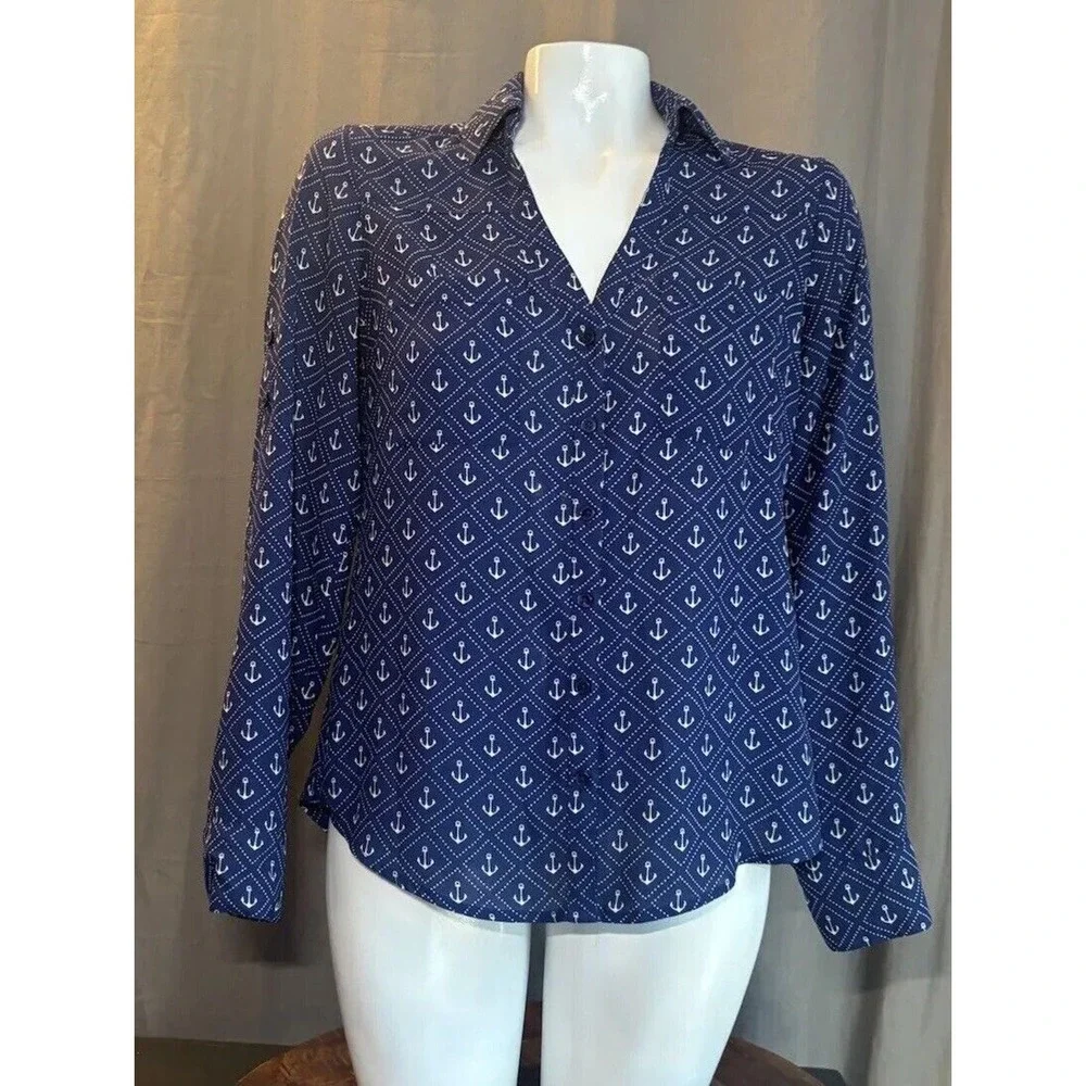 Express Portofino Anchor Nautical Print Shirt Size Xsmall Roll Tab Sleeve